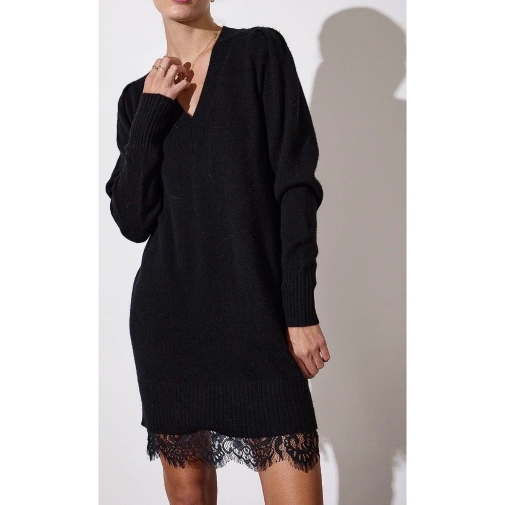Brochu Walker Black Wool Cashmere Lace Trim V-Neck Sweater Dress XS MSRP:$486